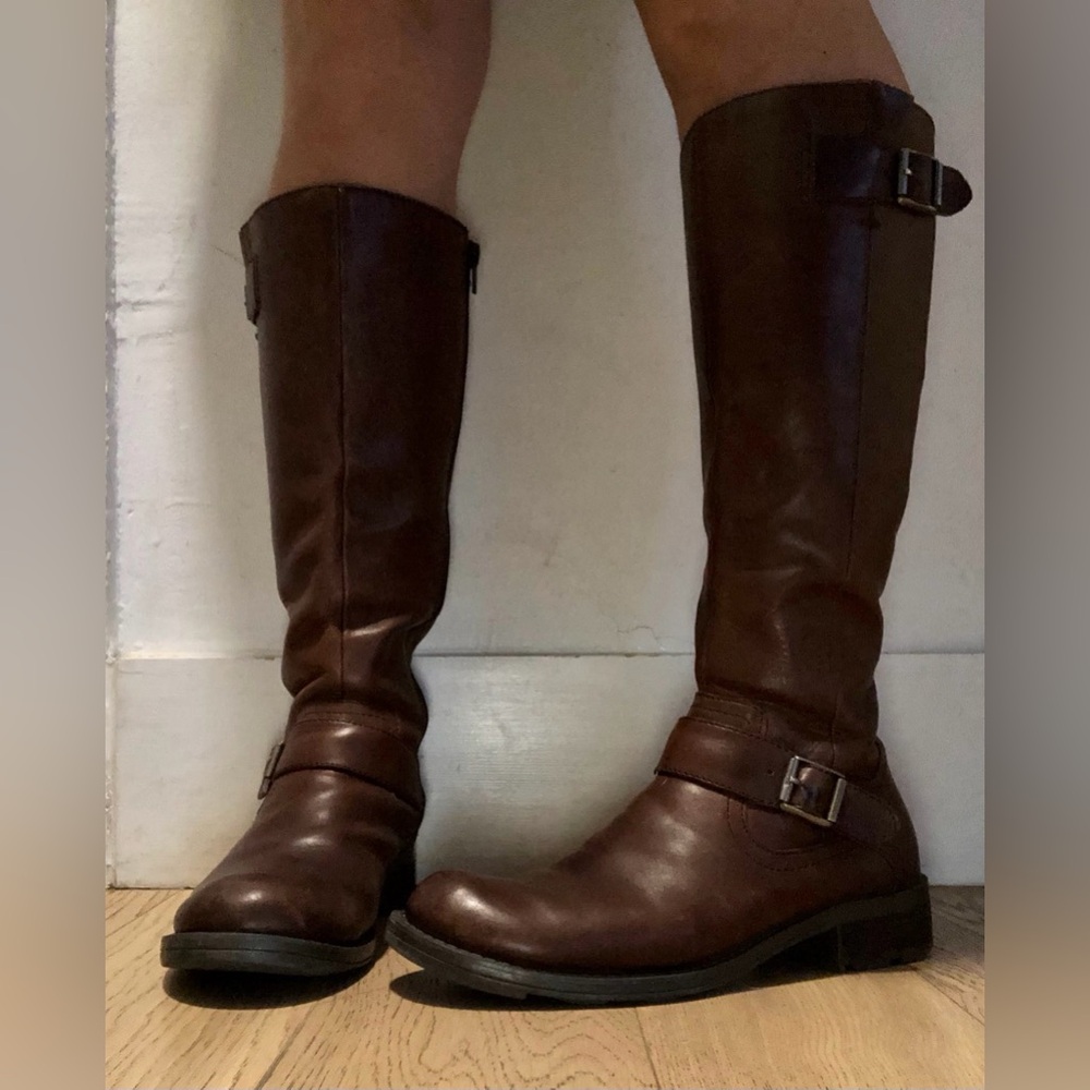 Sarah Jayne Canyon Brown Leather Round Toe Side Zip Knee High Boots Women’s - Picture 5 of 11
